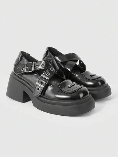 ROMWE Goth Zapatos de plataforma de cuero estilo JK con múltiples bolsillos, de estilo gótico punk para mujer