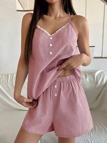 DAZY Striped Contrast Ruffle Trim Camisole & Shorts Pajama Set, Vacation Style - Red - View 5