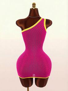 Bumpella Autumn Letter Print Contrast Color Asymmetrical Shoulder Sheer Mini Dress For Women Club Night Pink Yellow Sexy - Pink - View 9
