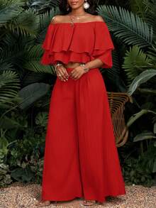 SHEIN Lady Women's Red Off-Shoulder Ruffle Crop Top And Wide Leg Pant Set Summer Two Piece Outfit - Red - View 5