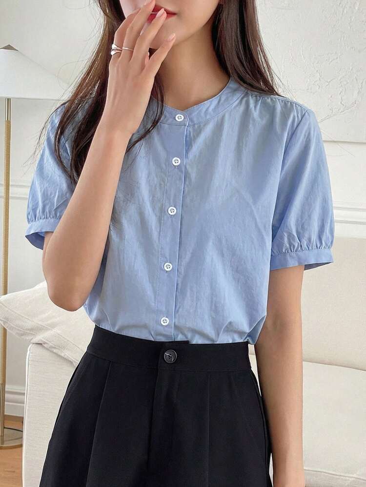 Women's Casual Solid Color Short Sleeve Shirt, Summer Business Casual Woman