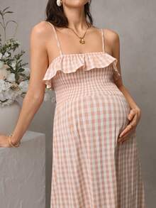 Đầm cho con bú SHEIN Maternity Gingham Frill Trim, màu hồng, mùa hè, có túi bên hông. - Hồng - Xem 7