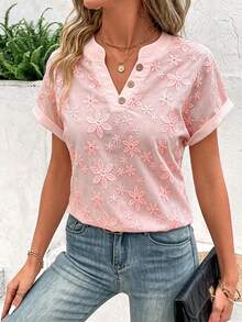 EMERY ROSE Women's Floral Embroidery V-Neck Short Sleeve Casual Shirt - Pink - View 3