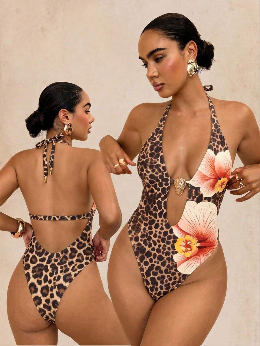 Swim Glamine Bộ đồ bơi liền thân DivaQ Bohemian gợi cảm họa tiết da báo và hoa, kiểu yếm. - Màu Khaki - Xem 1