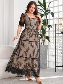 SHEIN Clasi Plus Size Elegant Lace Double-Layer Dress - Black - View 5