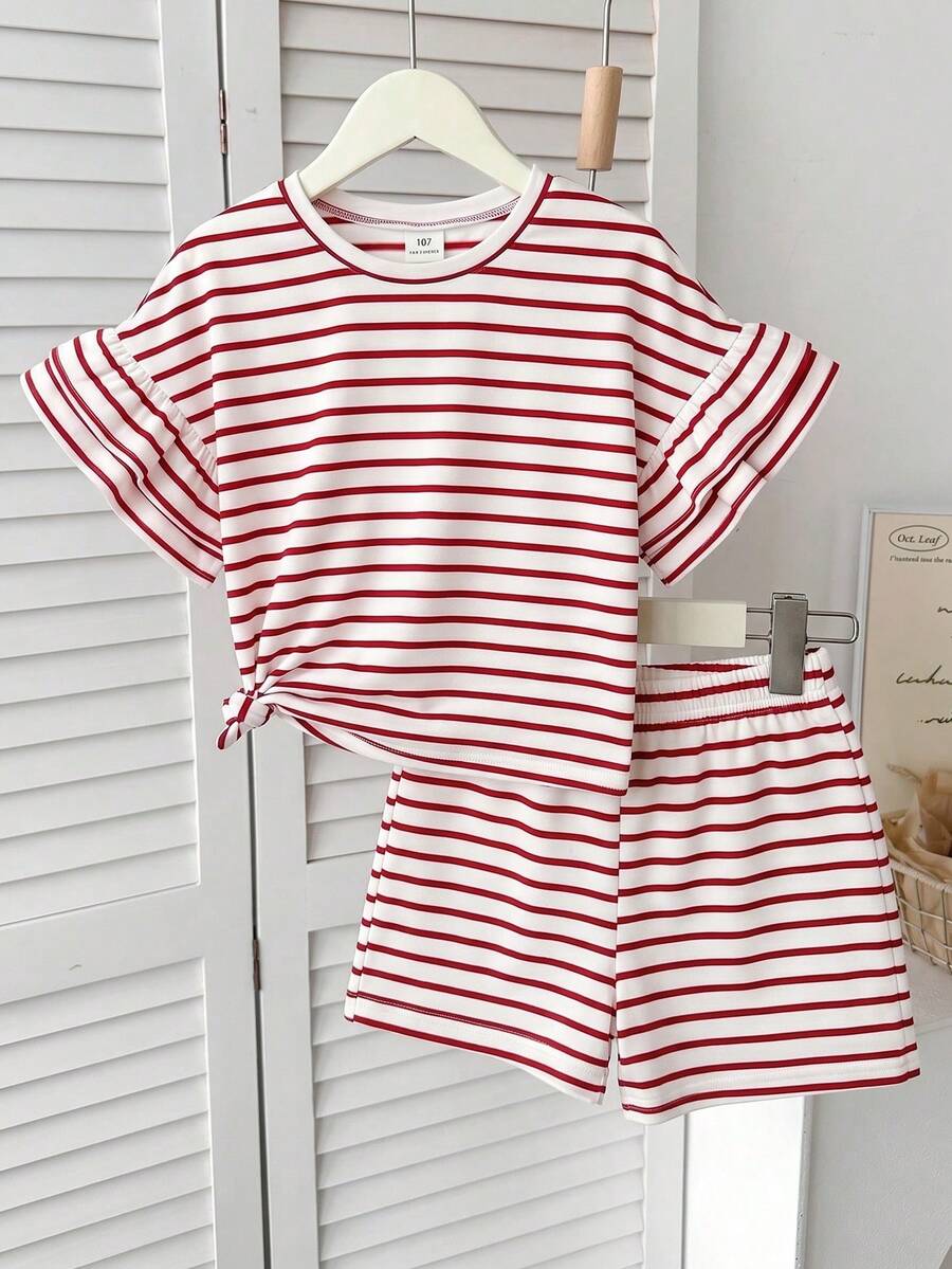 SHEIN Tween Girls' Summer Casual Striped Ruffle T-Shirt And Shorts Set