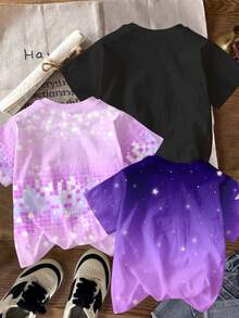 Set de 3 camisetas básicas de manga corta con cuello redondo, estampado de retrato de niña minimalista y degradado colorido, apropiadas para primavera/verano, para niñas preadolescentes - Multicolor - Ver 2