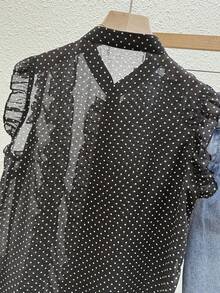 Franclia Áo kiểu nữ bằng vải chiffon chấm bi đen, kiểu dáng thanh lịch lãng mạn với đường viền xếp ly. - màu đen - Xem 4