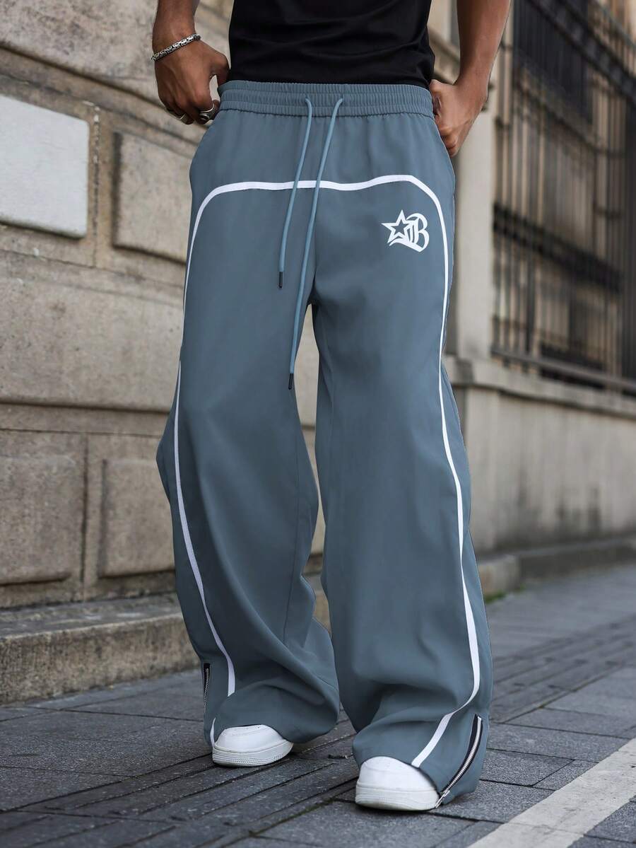 PAVTROS Men's Printed Wide Leg Zip-Up Street Pants - Dusty Blue - View 1