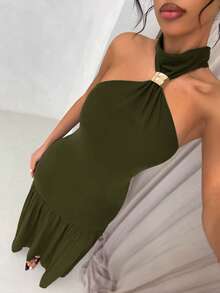 SHEIN Glamour 女款軍綠色夏季優雅度假風復古掛脖露背正式長洋裝，高腰百褶長裙，適合晚宴與紅毯 - 綠色 - 查看 8