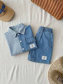 SHEIN 2件套 男童宽松牛仔蓝短袖衬衫和短裤套装 - 淺色水洗藍 - 查看 7