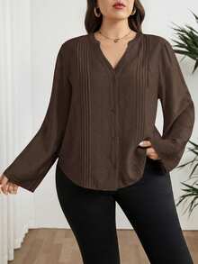 Modelyn Plus Size Women's Solid Color Cuffed Sleeve Pleated Design Casual Shirt - Coffee Brown - View 5