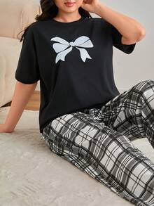 SHEIN Plus Cotton 3pcs/Set Women' S Plaid Print Pajamas &Shorts And Bow Patterned Detail Homewear Pajama Set - Black and White - View 10
