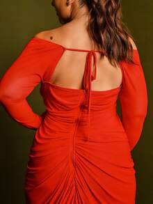 Lele Munniz Damen Große Größen Frühling Sommer einfarbiges Kleid mit Herzausschnitt, Langarm, Rüschen-Einsatz, körperbetonter eleganter Schnitt, rotes Mesh, lang geschnittenes Volantkleid, ein Kleid geeignet für den täglichen Gebrauch, romantische Dates und Urlaub - Rot - Übersicht 2