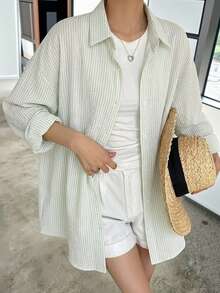 DAZY Women's Casual Commuter Striped Shirt - Green - View 2