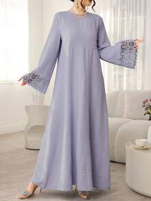 Al Najma Solid Color Round Neck Loose Long Sleeve Patchwork Ribbon Dress, Casual Resort Wear - Purple - View 4