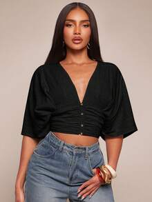Radiana Camisa de mujer de manga corta negra de lino con mangas de murciélago, adecuada para salidas casuales, compras, viajes al trabajo, oficina, vacaciones y días festivos - Negro - Ver 3