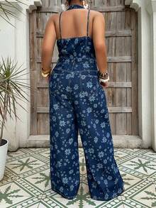 Dazy Plus All-Over Ditsy Floral Tie-Up Backless Casual Loose Wide Leg Denim Jumpsuit, Plus Size Women Spring/Summer Vacation Outfits Women - Dark Wash - View 9