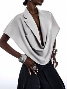 LYSMO Chaqueta blazer suelta de solapa de moda de verano para mujer - Gris - Ver 6