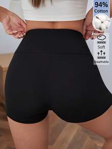 SHEIN BASICS 女款休閒運動純色高腰修身短褲，夏季健身房穿著，黑色 - 黑色 - 查看 2