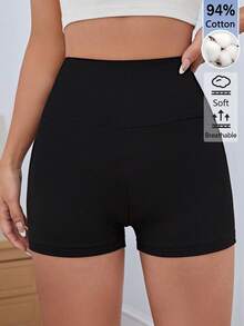 SHEIN BASICS 女款休閒運動純色高腰修身短褲，夏季健身房穿著，黑色 - 黑色 - 查看 3