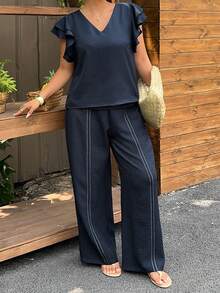 Dazy Plus Summer Vacation & Commute Outfit V-Neck Ruffle Trim Cap Sleeve Casual Pants Plus Size Women 2 Pieces Set, Spring/Summer - Navy Blue - View 8