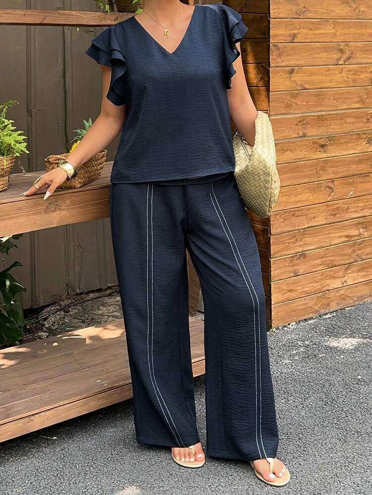 Dazy Plus Summer Vacation & Commute Outfit V-Neck Ruffle Trim Cap Sleeve Casual Pants Plus Size Women 2 Piece Set, Spring/Summer