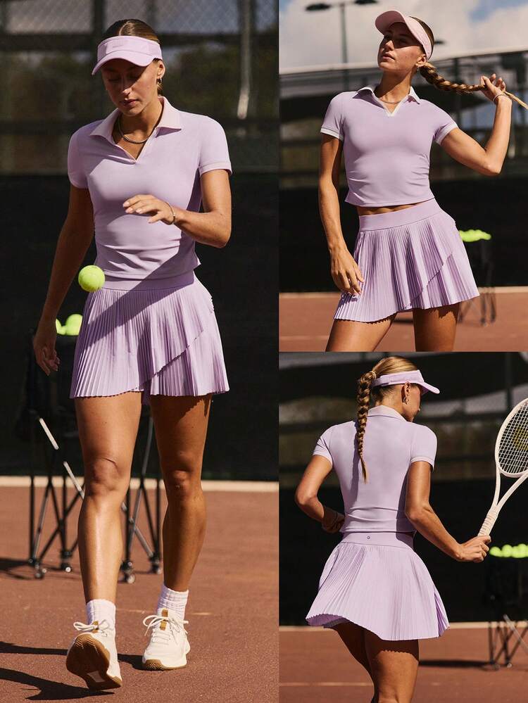 Sun Protective Moisture Wicking Quick-Dry Waist Length Ruched Sides Flat Knit Collar Placket Cuffs Slim Fit Polo Tee Tennis Golf Pickleball Summer Daily Casual Wear