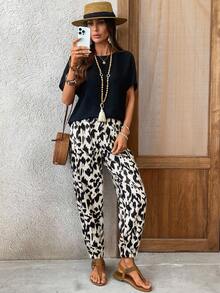 EMERY ROSE Women's Vacation Casual Solid Color Top And Leopard Print Pants 2 Pieces Set,Summer Outfits For Women - Black - View 7