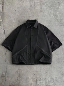 AXEPEAK Men's Single-Breasted Mid-Sleeve Shirt And Long Pants Casual Daily Suit - Black - View 4