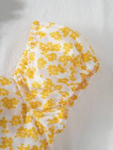 SHEIN Áo kiểu tay phồng họa tiết hoa nhí màu vàng cho bé gái tuổi teen, chất liệu vải nhẹ, họa tiết hoa đồng quê, kiểu dáng ngắn ngang eo, ngọt ngào, thoải mái cho trẻ em, thiết kế hoa độc đáo cho mùa hè. - Màu vàng - Xem 6