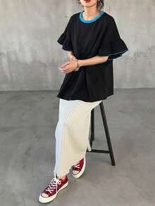 FRIFUL Women's Casual Ruffle Sleeve Loose T-Shirt For Summer Vacation - Black - View 3
