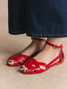 Rosivie Giày sandal nữ dệt rỗng, mũi vuông kiểu La Mã cổ điển, sandal đế bằng một nút màu đỏ bóng, giày đi làm hàng ngày, giày đi biển. - Đỏ - Xem 3