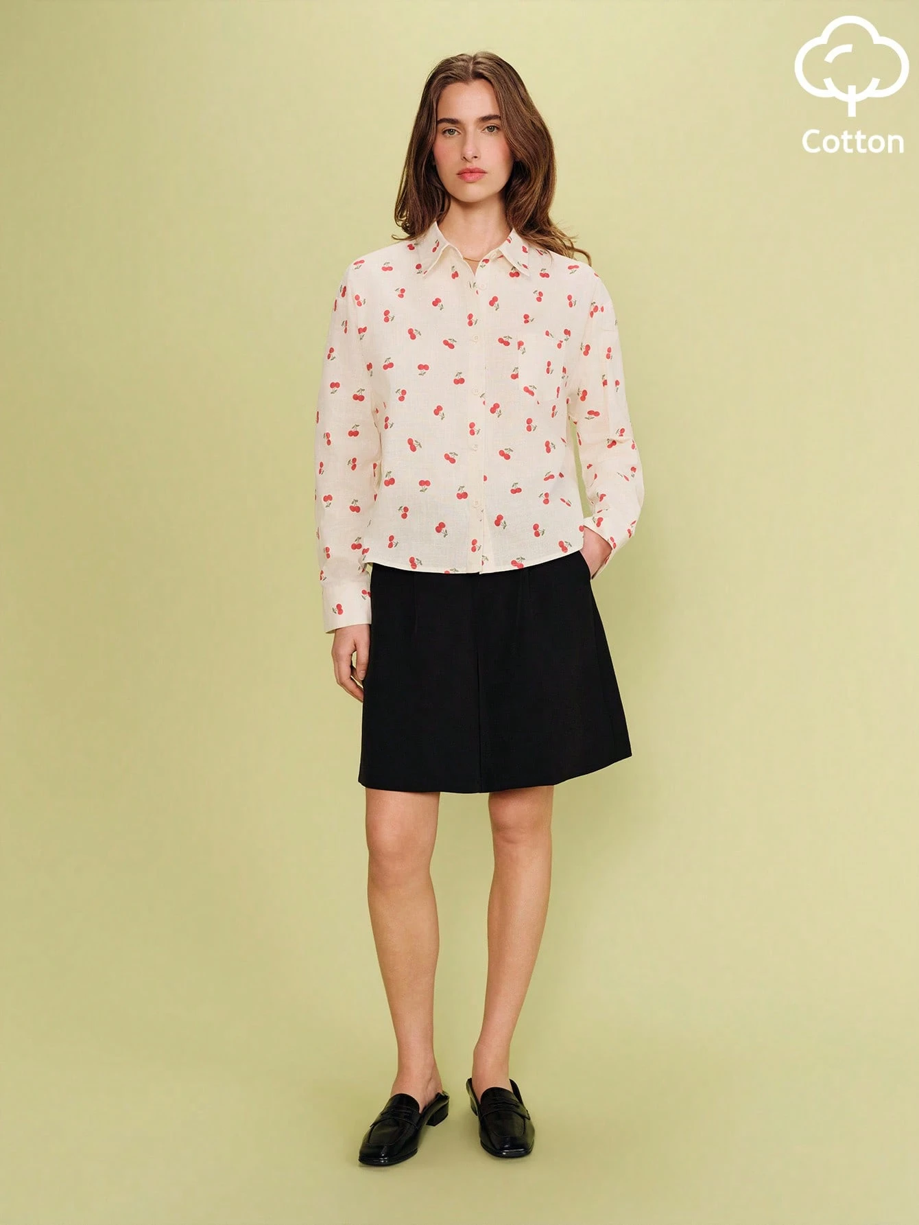 Cream Relaxed-Fit Shirt With Cherry Print And Front Placket Cute Sping Summer Cherry Skirt Holiday Outfit Work Shirt Cute Summer Top French Style Shirt