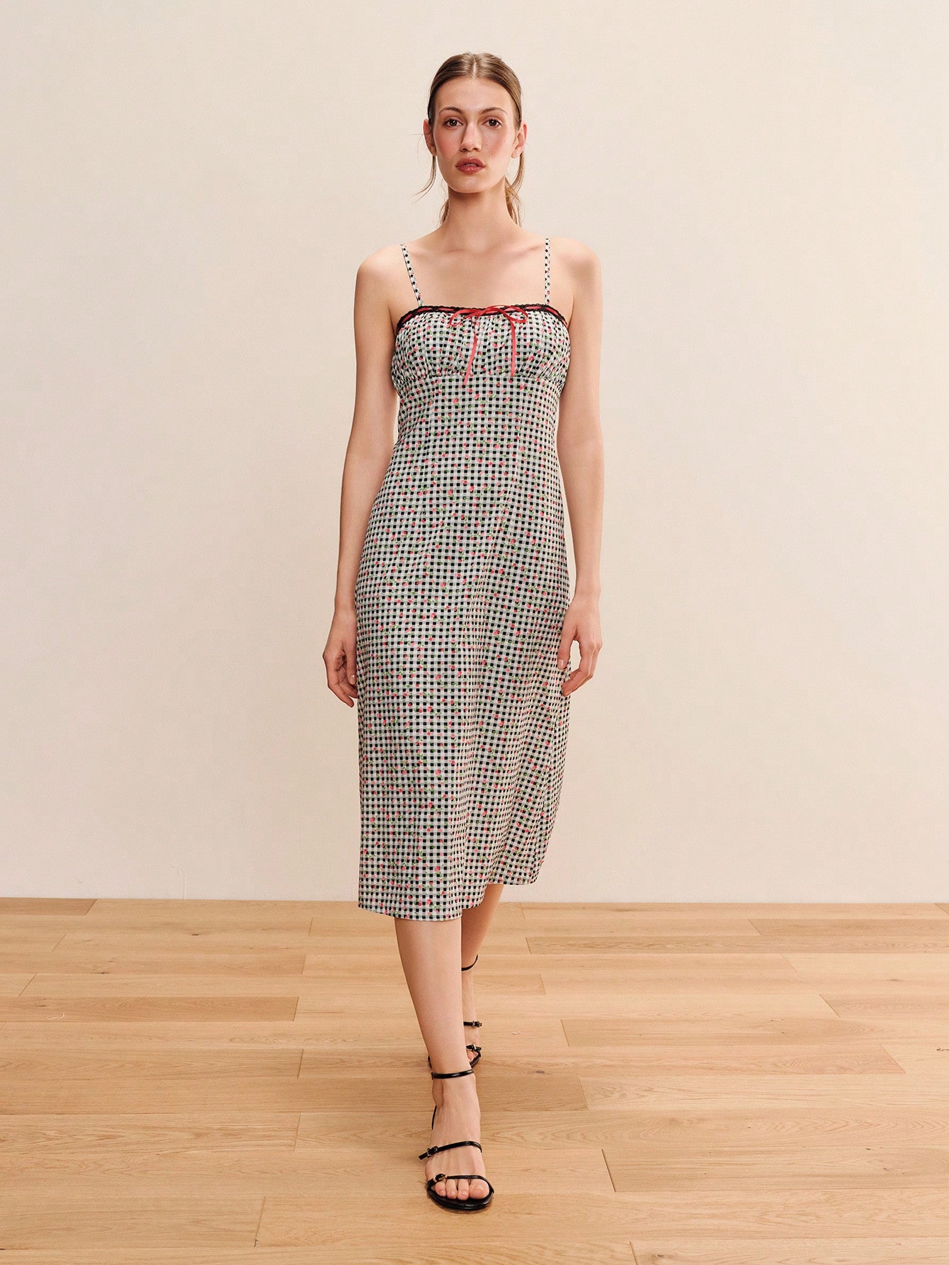 Floral And Gingham Printed Midi Dress With Contrast Red Straps And Tie Front Detail Vintage Cute Spring Summer Casual Holiday Dress Spaghetti Strap Dress Knee Length Dress French Style Dress