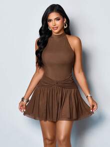 SOLERSUN Women's Summer Brown Mesh Patchwork Sexy Elegant Ruffled Hem Twist Bodycon Mini Dress Party Cocktail - Brown - View 10