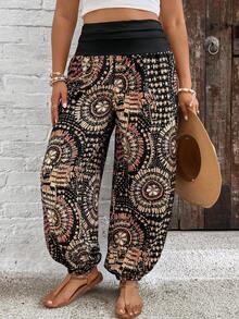 SHEIN PETITE CURVE Pantalones holgados de cintura alta con estampado floral para mujer de talla grande - Multicolor - Ver 4