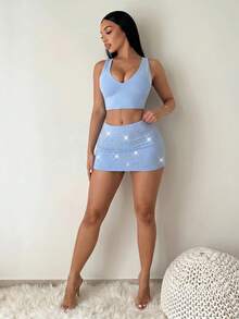 SHEIN SXY 女士水钻装饰修身迷你裙，浅蓝色 - 淺藍色 - 查看 8