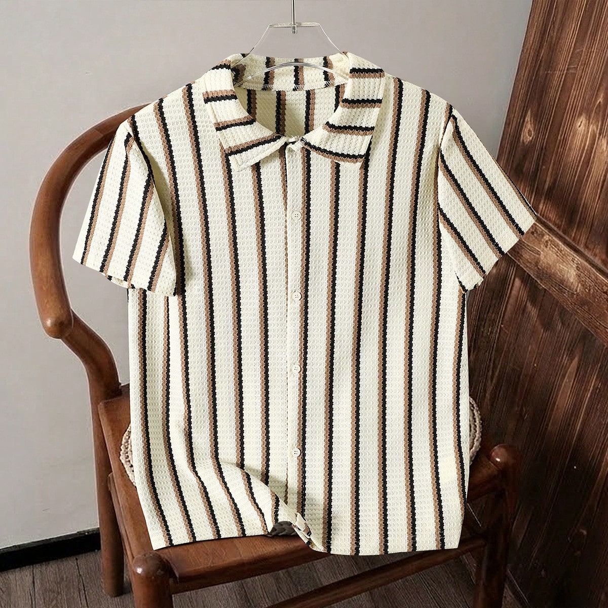 Camisa de manga corta con textura, con botones delanteros a rayas, casual para adolescentes, de verano
