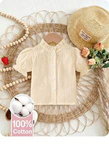 SHEIN Vintaside Kids 2026春夏新款柔软舒适面料，时尚新款，SS26度假旅行必备单品，女童白色休闲纹理短袖衬衫，适合外出、休闲和派对穿着 - 杏色 - 查看 3