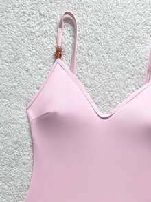 de baño de una pieza de unicolor para mujer con shorts estampados con lunares, conjunto de traje de baño para mujer, trajes de baño para mujer - Rosa - Ver 5