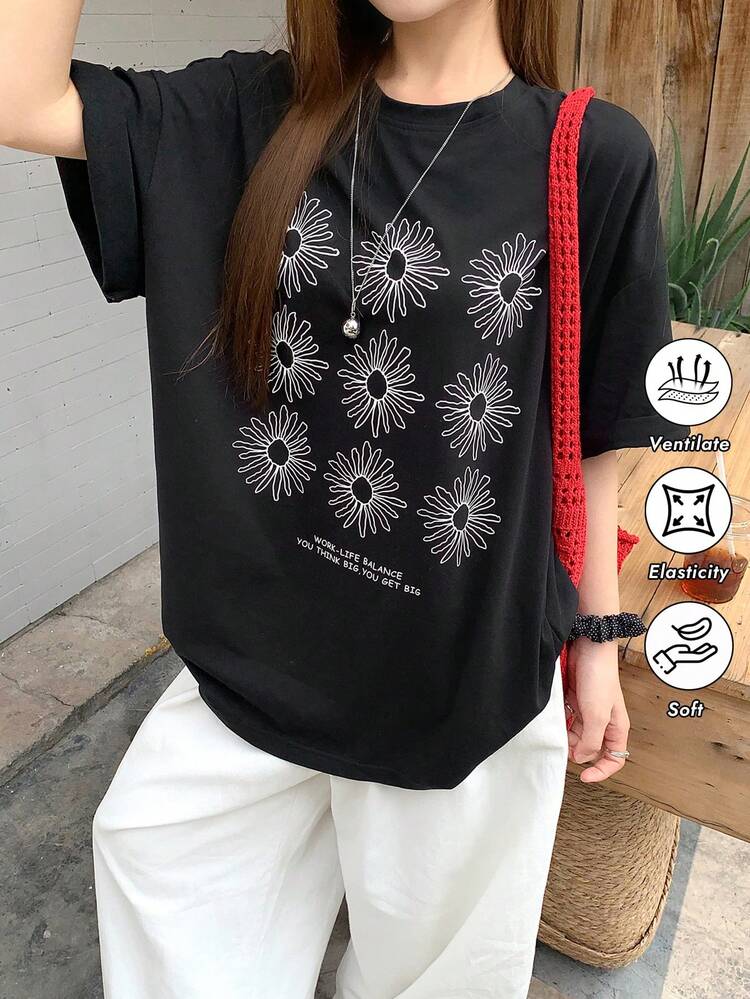 Women's Summer Round Neck Printed Loose Casual Short Sleeve Pullover T-Shirt