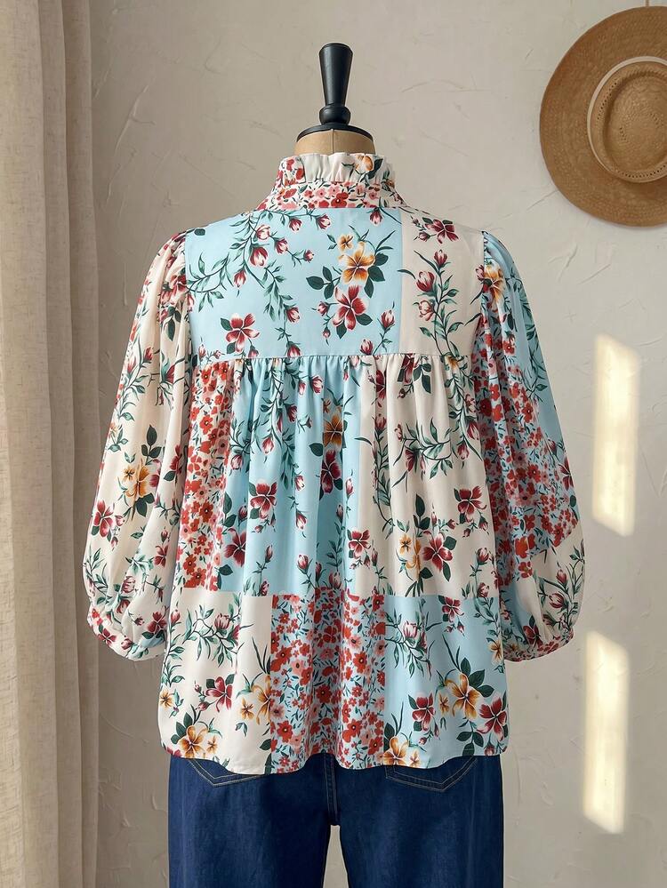 Plus Size Women Floral Print V-Neck Casual Blouse