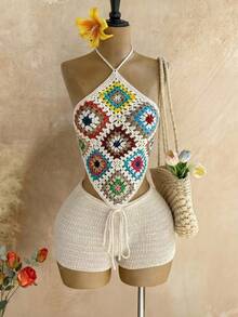 Glyssa Atasan Rajut Crochet Buatan Tangan Wanita, Putih, Liburan Musim Panas, Liburan Pantai Gaya Boho, Liburan Pantai - MultiWarna - View 3