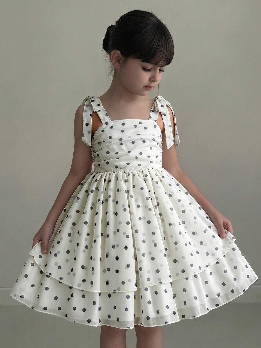 SHEIN 小女孩甜美波点网纱吊带连衣裙 - 彩色 - 查看 1