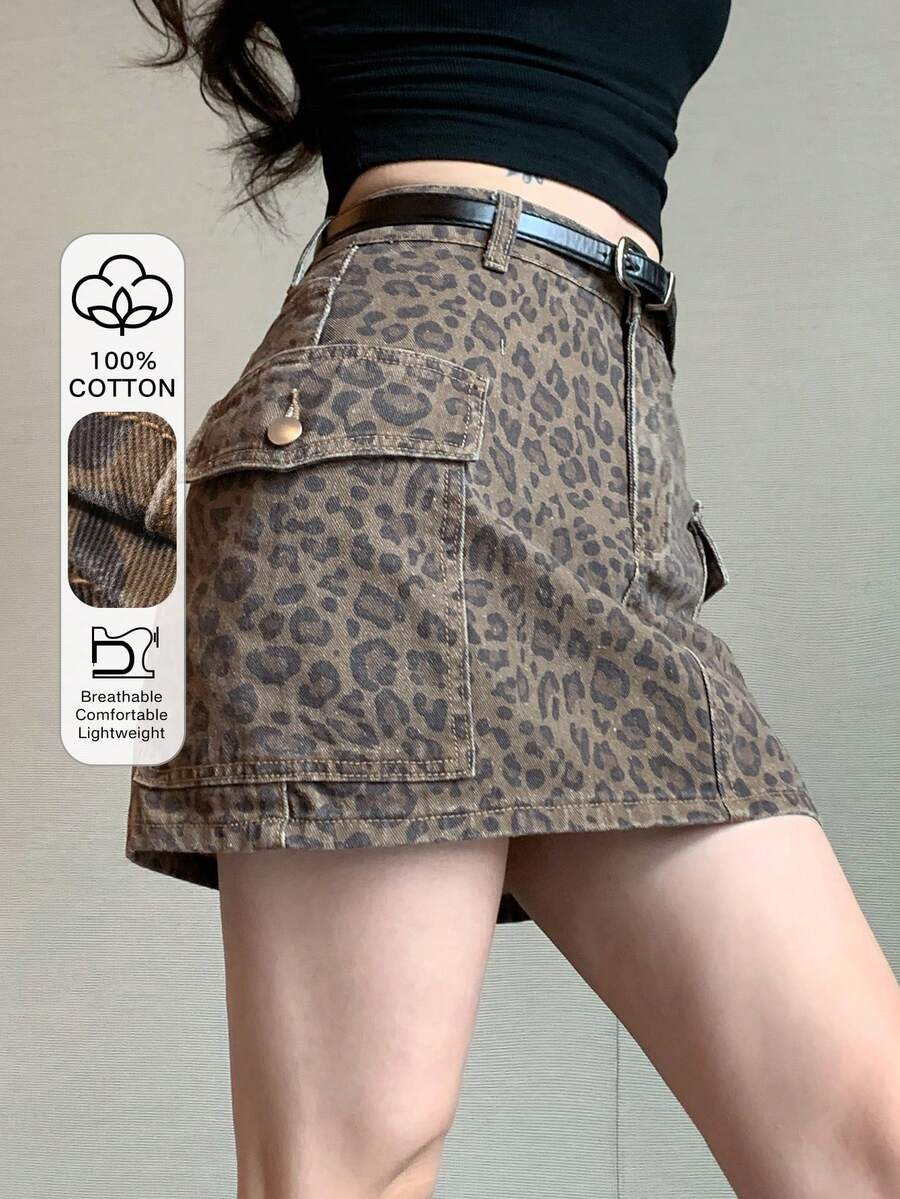 FRIFUL 女士豹纹纽扣休闲百搭约会外出牛仔迷你裙 - 棕色 - 查看 1