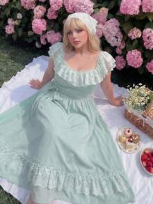 Lyrianda Vestido de manga de volantes de doble capa con encaje verde menta, cinturón favorecedorr, vestido largo de estilo princesa elegante para la playa, graduación, diseño estilizador - verde menta - Ver 5