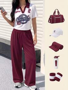 SHEIN 少女V领字母印花短袖T恤和休闲宽松裤套装，适合户外玩耍、与朋友聚会和家庭出游。 - 白色 - 查看 5