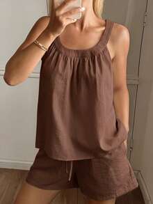DAZY 两件套女士夏季休闲纯色吊带背心和短裤睡衣套装 - 咖啡棕 - 查看 6