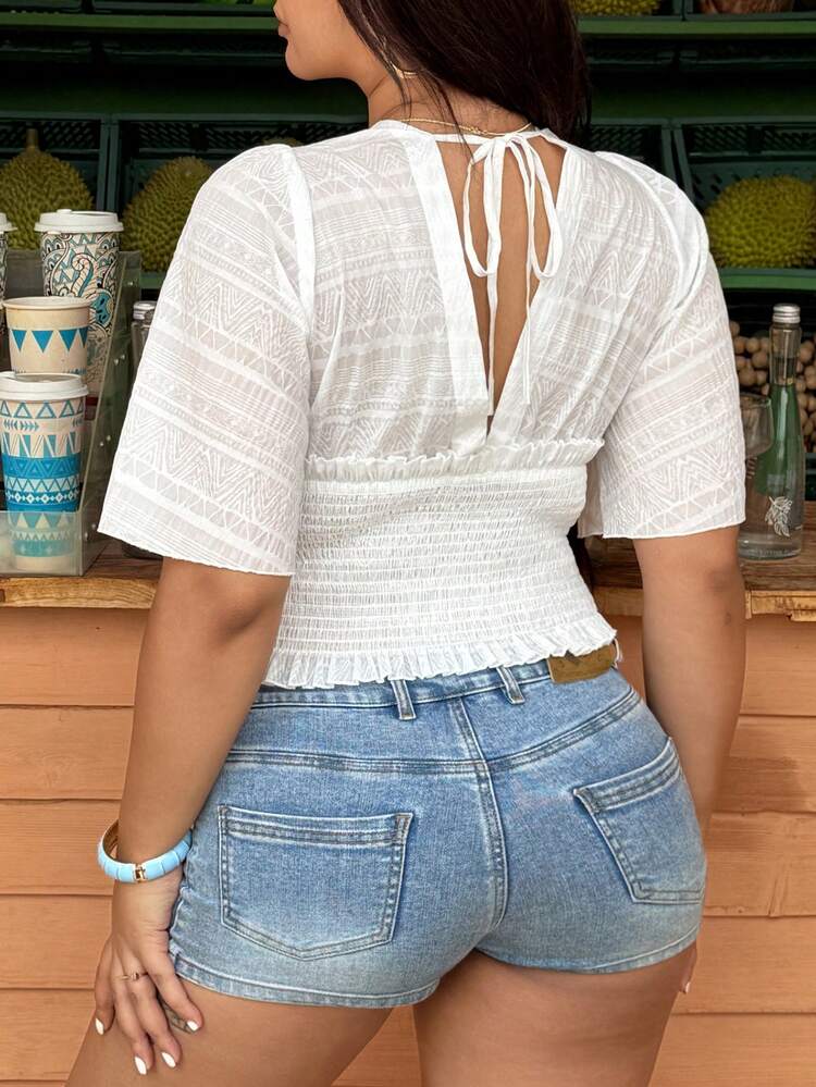 Dazy Plus Plus Size Women White Textured Fitted Flare Sleeve Deep V Neck Elegant Summer Blouse Going Out Tops